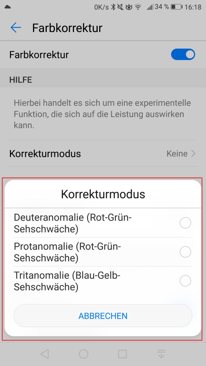 Android7-Einstellungen zur Farbkorrektur mit verscheidenen Farbkorrekturmodi