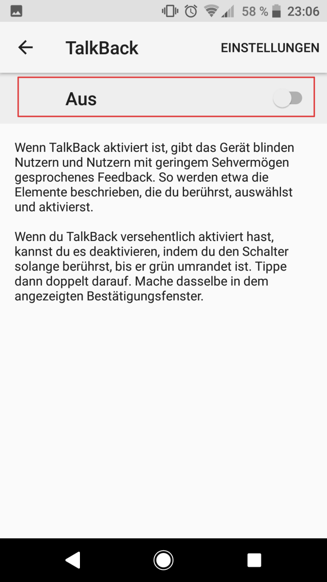 Android 8: Screenreader TalkBack einschalten
