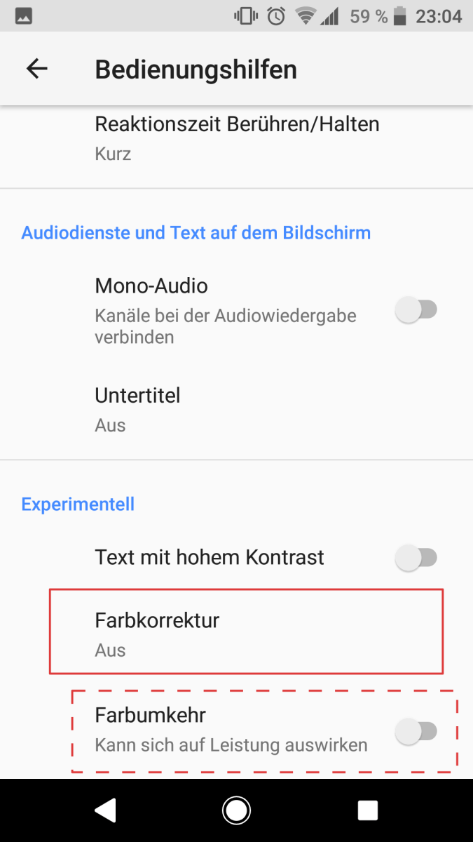 Android8-Einstellungen: Frabumkehr und Farbkorrektur