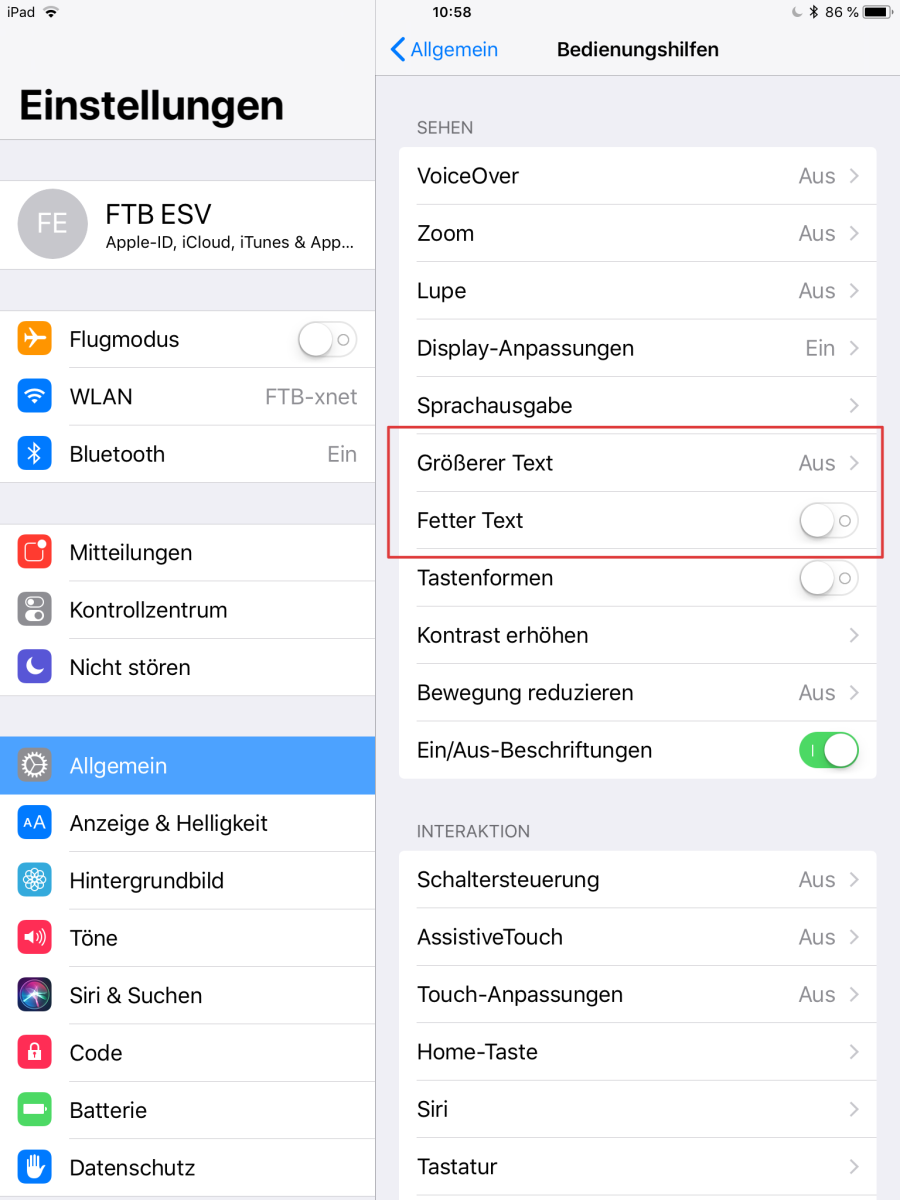 iOS-Einstellungen Bedienungshilfen: Größerer Text und Fetter Text