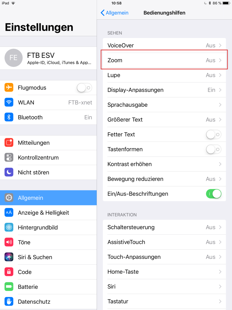iOS-Einstellungen Bedienungshilfen: Zoom