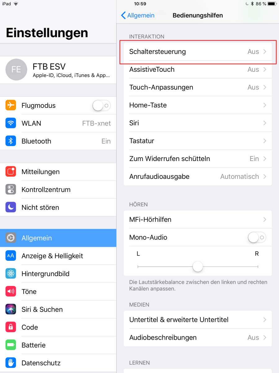 iOS-Einstellungen Bedienungshilfen: Schaltersteuerung