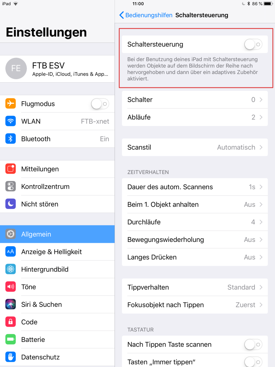 iOS-Einstellungen Bedienungshilfen: Einstellungen zur Schaltersteuerung