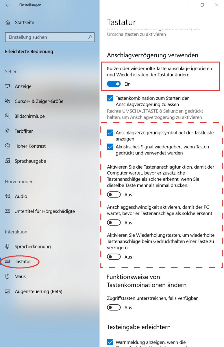 Windows 10 Einstellung: Anschlagverzögerung Optionen