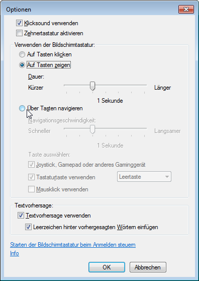 Dialogfeld Optionen der Windows-Bildschirmtastatur